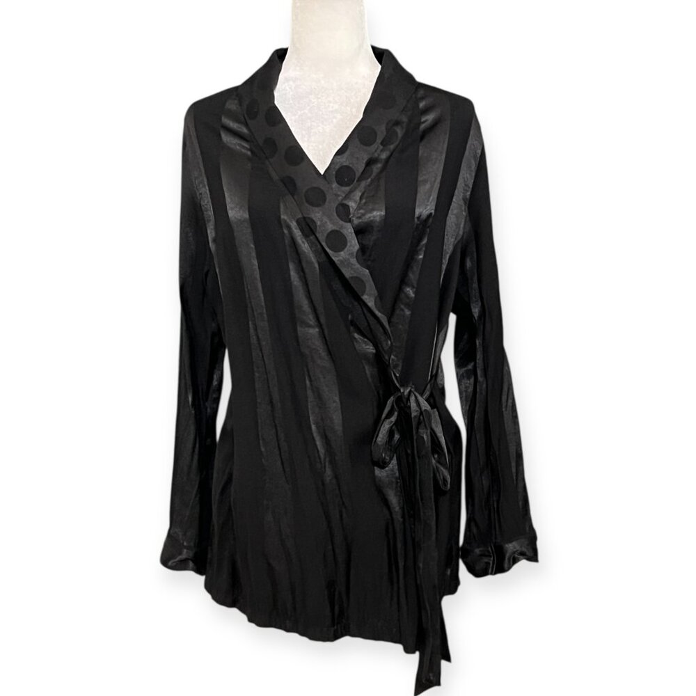 Victoria’s Secret Black Satin Wrap Top Blouse Polka Dot Stripe Tie Front M/L
